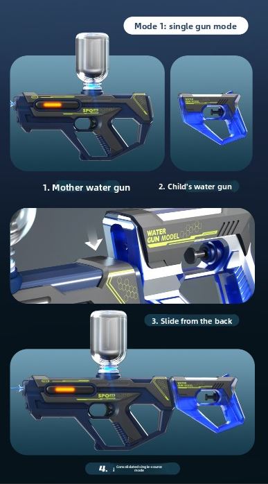 2-in-1 Electric Water Gun Automatic Squirt Blaster Set Detachable Mini Pistol High Capacity Summer Pool Toy Blue Grey