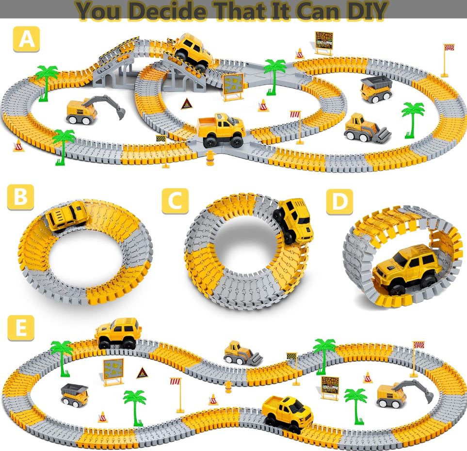 343 track-building sets, track-course - STEM learning toys, construction vehicles (concrete mixers, dump trucks), Develop motor skills and creativity