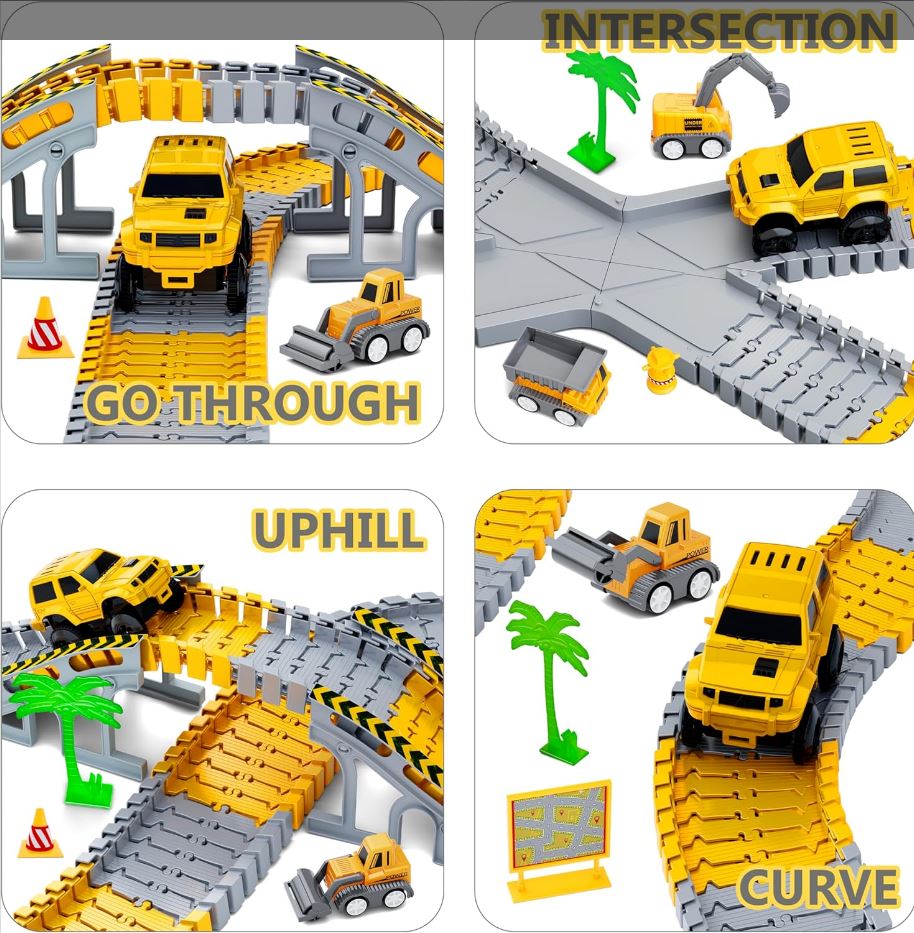 343 track-building sets, track-course - STEM learning toys, construction vehicles (concrete mixers, dump trucks), Develop motor skills and creativity