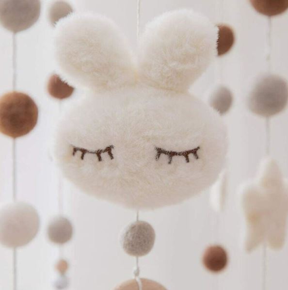 Baby with Felt Ball Hanging Nursery Rabbit Wind Chime Crib Mobile (White)