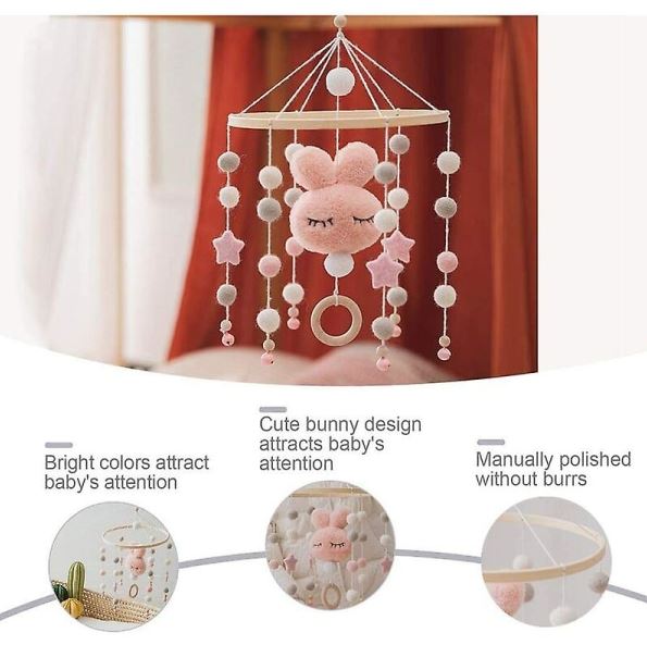 Baby with Felt Ball Hanging Nursery Rabbit Wind Chime Crib Mobile (White)