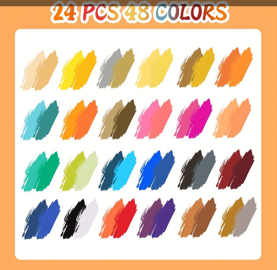 24-Pack Dual-Tip Acrylic Paint Markers, 48 Colors   Double brush tips, dual-color acrylic paint pens   Suitable for use on various surfaces by adults:   stone, wood, rock, canvas, plastic, glass, ceramic, and more.