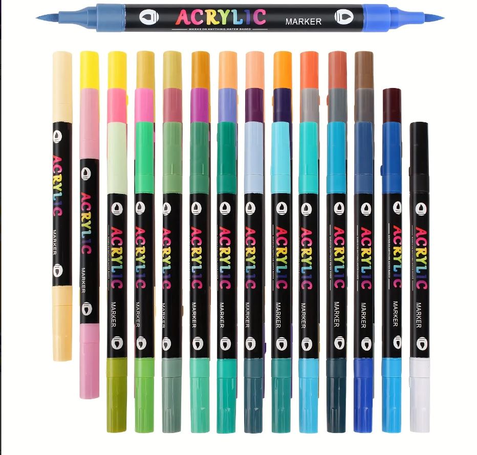 12-Pack Dual-Tip Acrylic Paint Markers, 24 Colors   Double brush tips, dual-color acrylic paint pens   Suitable for use on various surfaces by adults:   stone, wood, rock, canvas, plastic, glass, ceramic, and more.