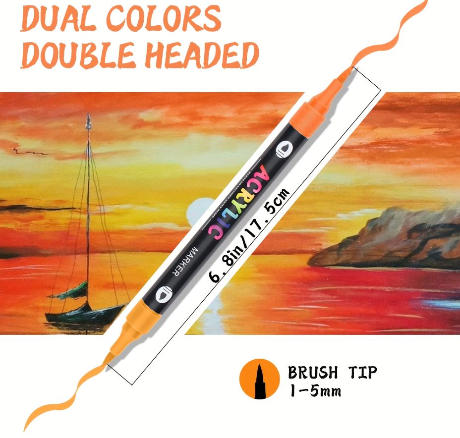 12-Pack Dual-Tip Acrylic Paint Markers, 24 Colors   Double brush tips, dual-color acrylic paint pens   Suitable for use on various surfaces by adults:   stone, wood, rock, canvas, plastic, glass, ceramic, and more.