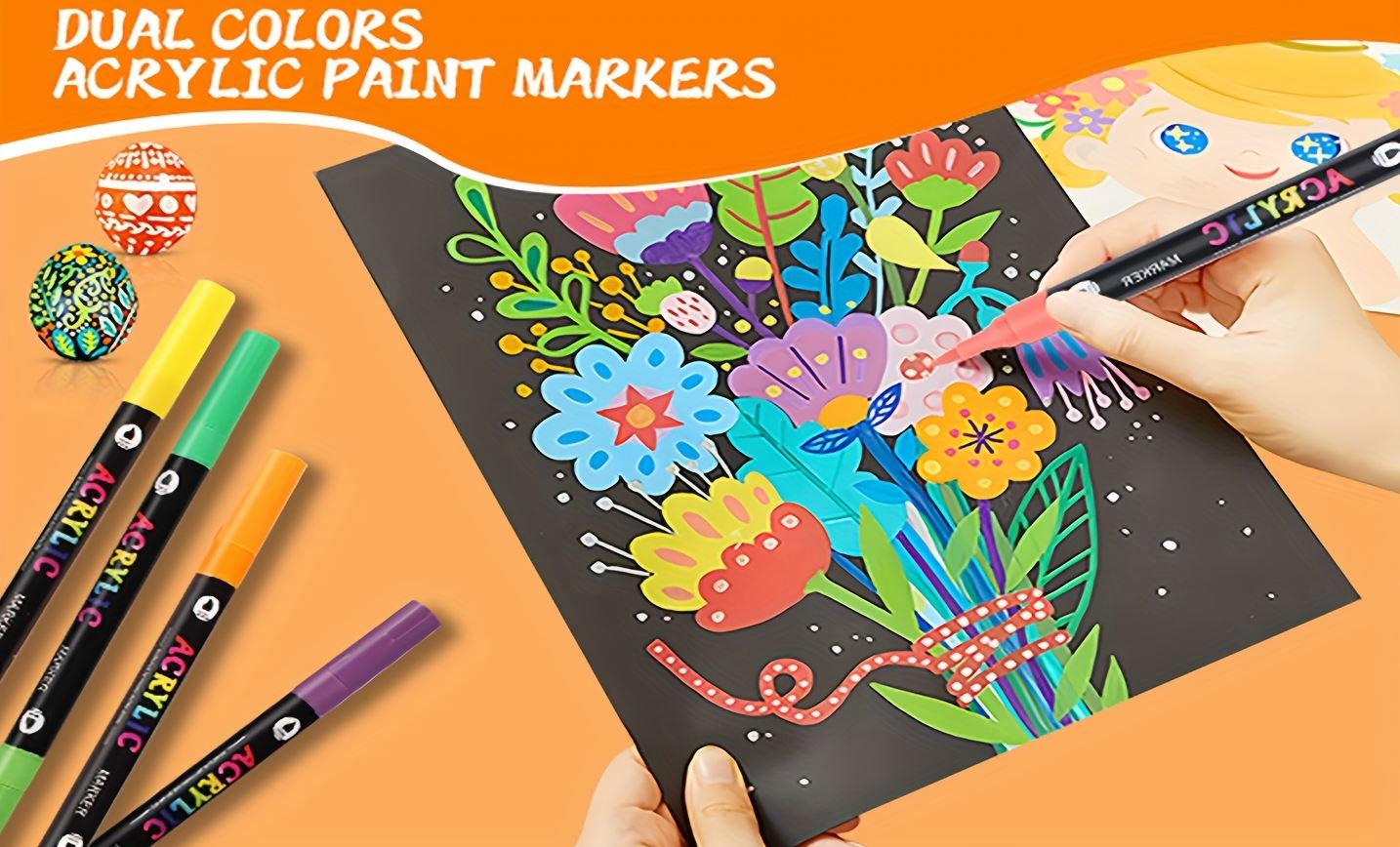 12-Pack Dual-Tip Acrylic Paint Markers, 24 Colors   Double brush tips, dual-color acrylic paint pens   Suitable for use on various surfaces by adults:   stone, wood, rock, canvas, plastic, glass, ceramic, and more.