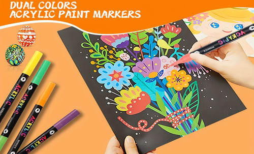 12-Pack Dual-Tip Acrylic Paint Markers, 24 Colors   Double brush tips, dual-color acrylic paint pens   Suitable for use on various surfaces by adults:   stone, wood, rock, canvas, plastic, glass, ceramic, and more.