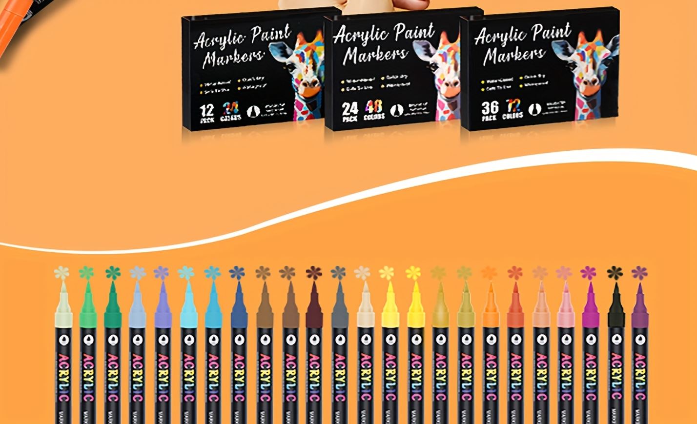 12-Pack Dual-Tip Acrylic Paint Markers, 24 Colors   Double brush tips, dual-color acrylic paint pens   Suitable for use on various surfaces by adults:   stone, wood, rock, canvas, plastic, glass, ceramic, and more.