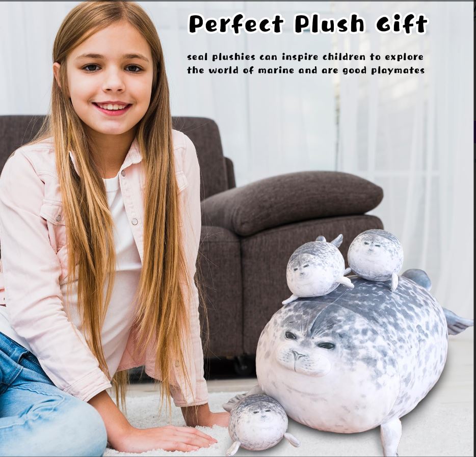 Gray Chubby Seal Plush Pillow with 4 Baby Seals Inside: Soft Stuffed Animal for Kids, Hug Pillow & Room Decor – Perfect Gift for Children
