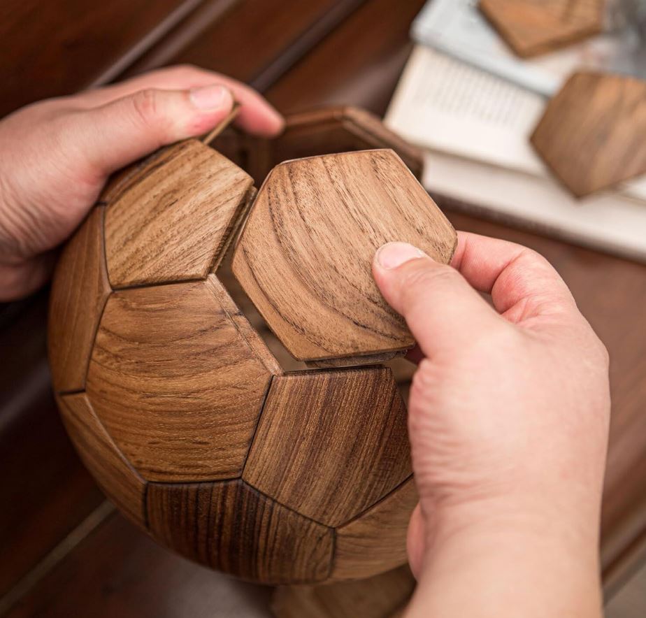 Handcrafted Wooden Football Puzzle – 3D Mortise and Tenon Soccer Ball Assembly Kit | Solid Teak, Walnut | DIY Gift for Adults, Kids & Football Fans