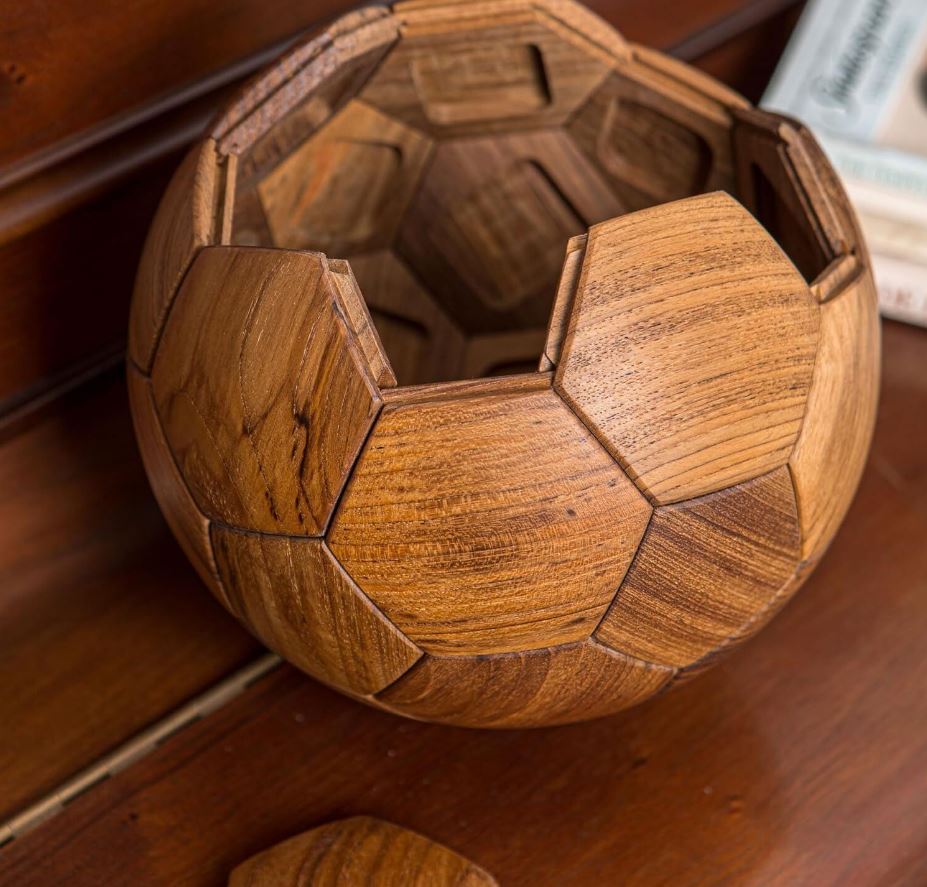 Handcrafted Wooden Football Puzzle – 3D Mortise and Tenon Soccer Ball Assembly Kit | Solid Teak, Walnut | DIY Gift for Adults, Kids & Football Fans