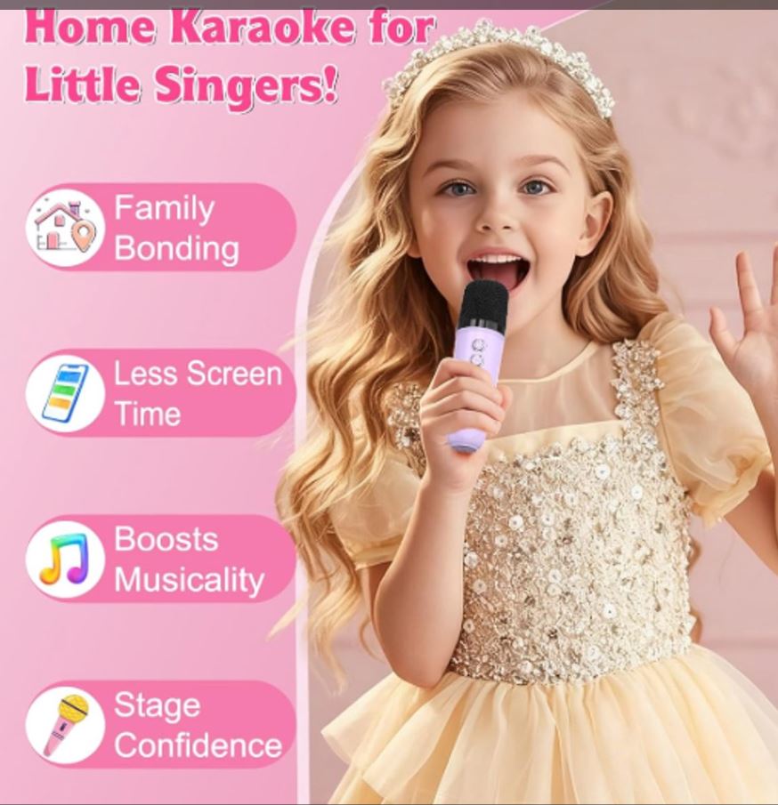 Karaoke Set for Kids - Portable Bluetooth Speaker for Car - Equipped with 2 Karaoke Microphones - Voice Changer and LED Lights - Ideal Birthday Gift for Teens and Kids - Pink