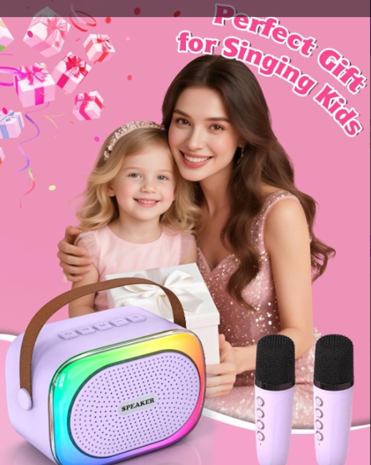 Karaoke set for kids - Portable Bluetooth speaker for car - Equipped with 2 karaoke microphones - Voice changer and LED lights - Ideal birthday gift for teenagers and children - Off-white