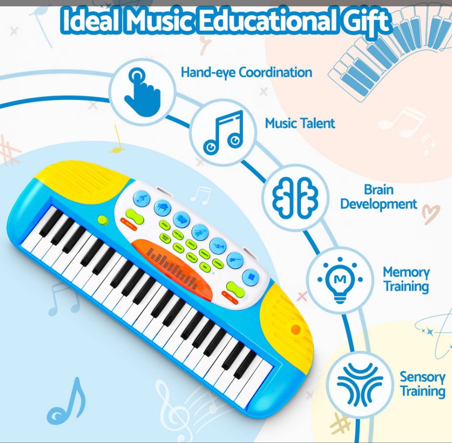 Keezi Kids Piano Keyboard 37 Keys Electronic Musical Instrument Set w/ Stool Microphone