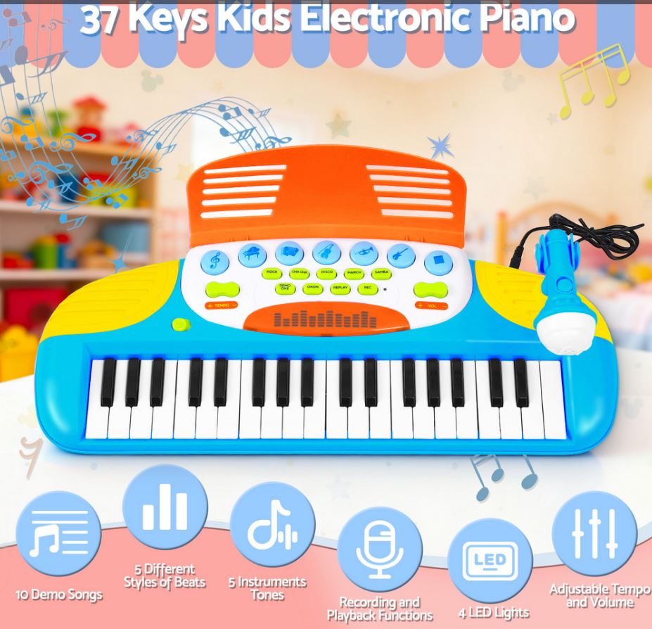 Keezi Kids Piano Keyboard 37 Keys Electronic Musical Instrument Set w/ Stool Microphone