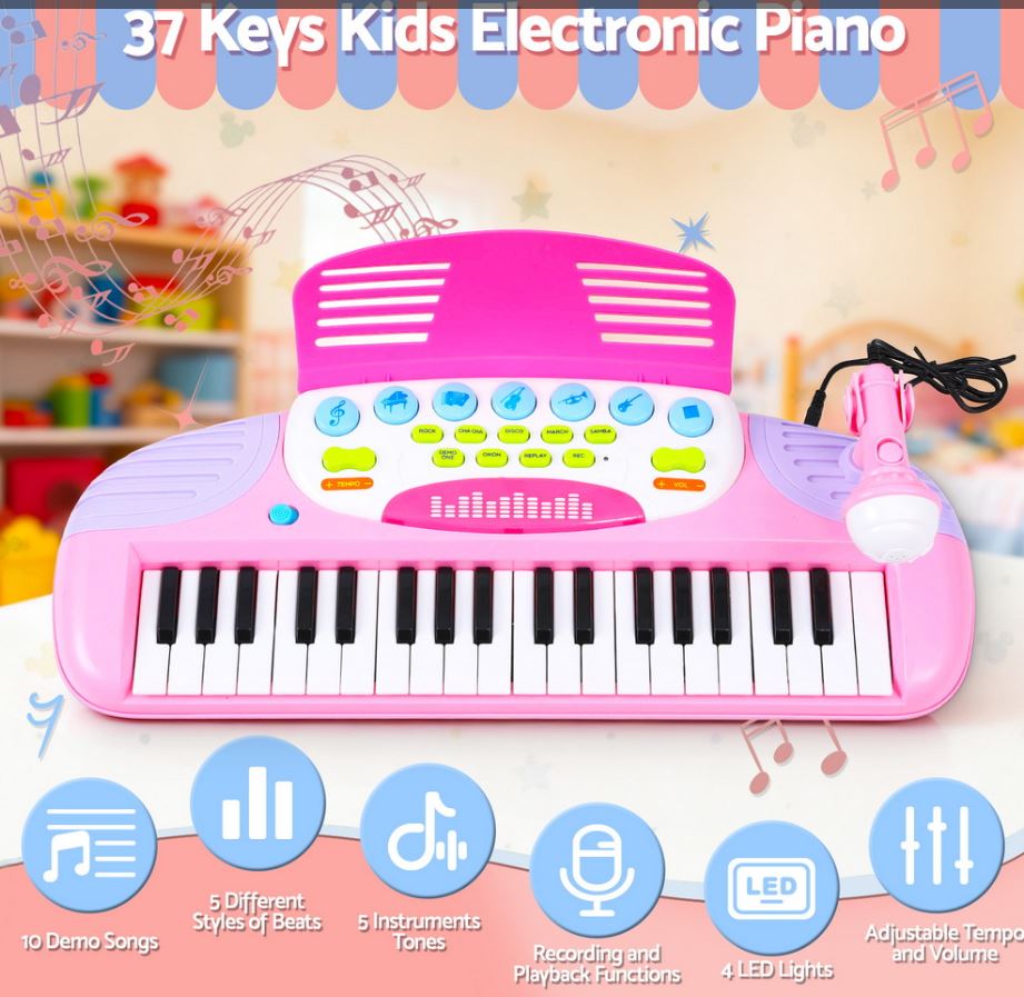 Keezi Kids Piano Keyboard 37 Keys Electronic Musical Instrument Set w/ Stool Microphone