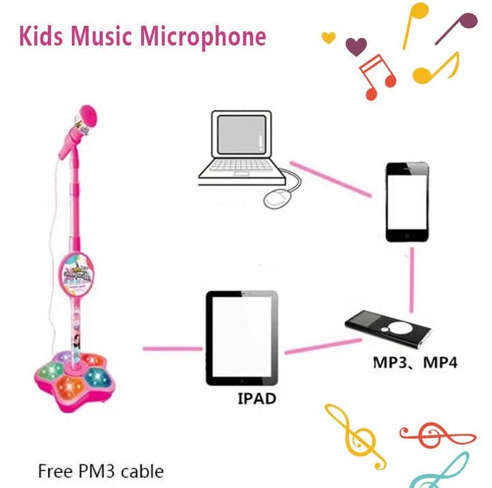 Kids Star Karaoke Microphone Stand Adjustable Height Music Toy Black with Flashing Lights and MP3 Connectivity for Boys and Girls