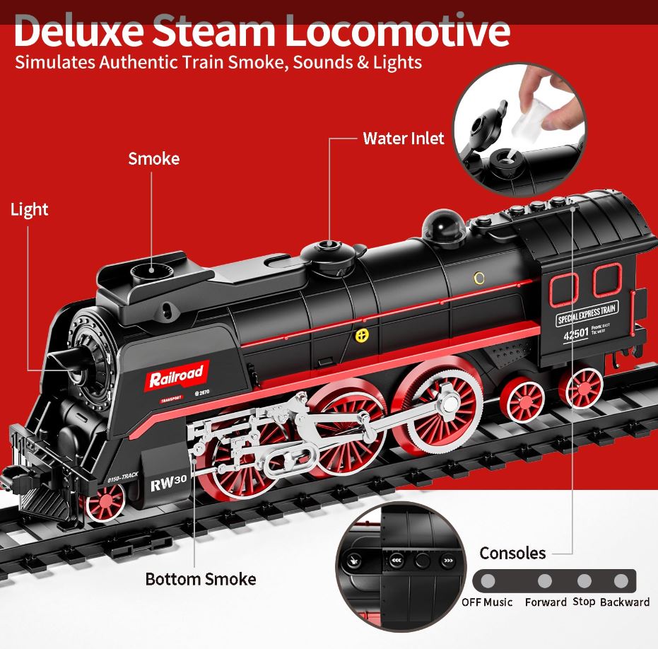Model Train Set, Remote Control Train Toys with 3Way Smoke Locomotive, 5 Train Cars, Luxury Track Kit, Authentic Train Sounds & Lights, Rechargeable Battery, Top Present for Train Lovers (Black)