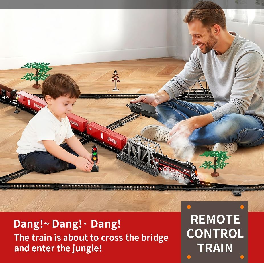 Model Train Set, Remote Control Train Toys with 3Way Smoke Locomotive, 5 Train Cars, Luxury Track Kit, Authentic Train Sounds & Lights, Rechargeable Battery, Top Present for Train Lovers (Black)