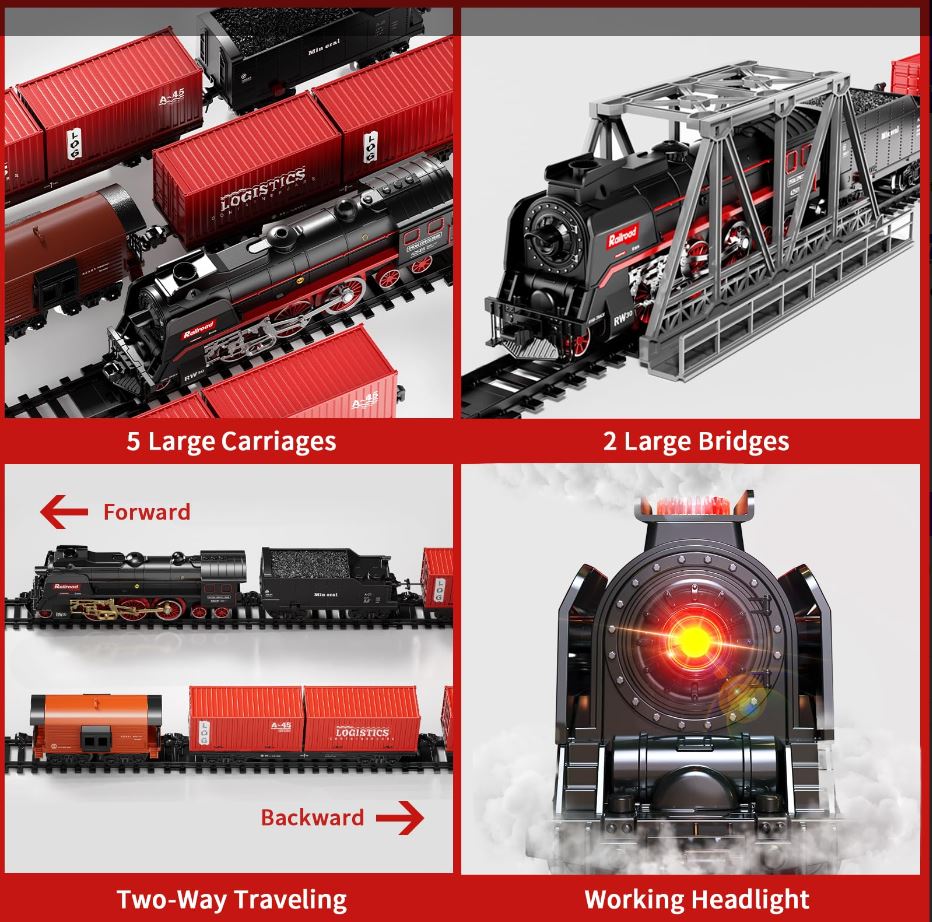 Model Train Set, Remote Control Train Toys with 3Way Smoke Locomotive, 5 Train Cars, Luxury Track Kit, Authentic Train Sounds & Lights, Rechargeable Battery, Top Present for Train Lovers (Black)