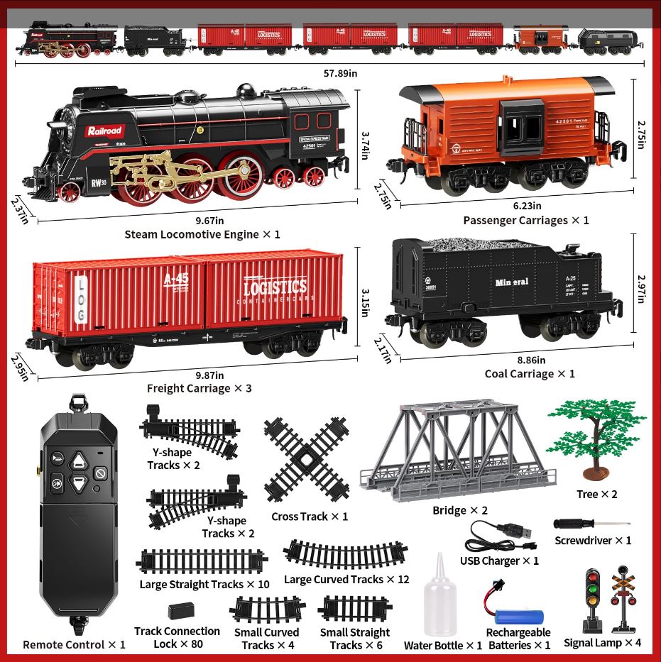 Model Train Set, Remote Control Train Toys with 3Way Smoke Locomotive, 5 Train Cars, Luxury Track Kit, Authentic Train Sounds & Lights, Rechargeable Battery, Top Present for Train Lovers (Black)