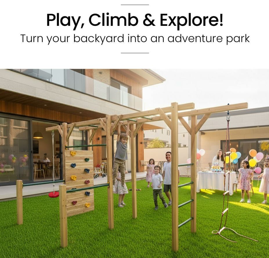 ROVO KIDS Ultimate Outdoor Monkey Bars Playset Frame, with Climbing Wall, Disc Swing, Rope Ladder