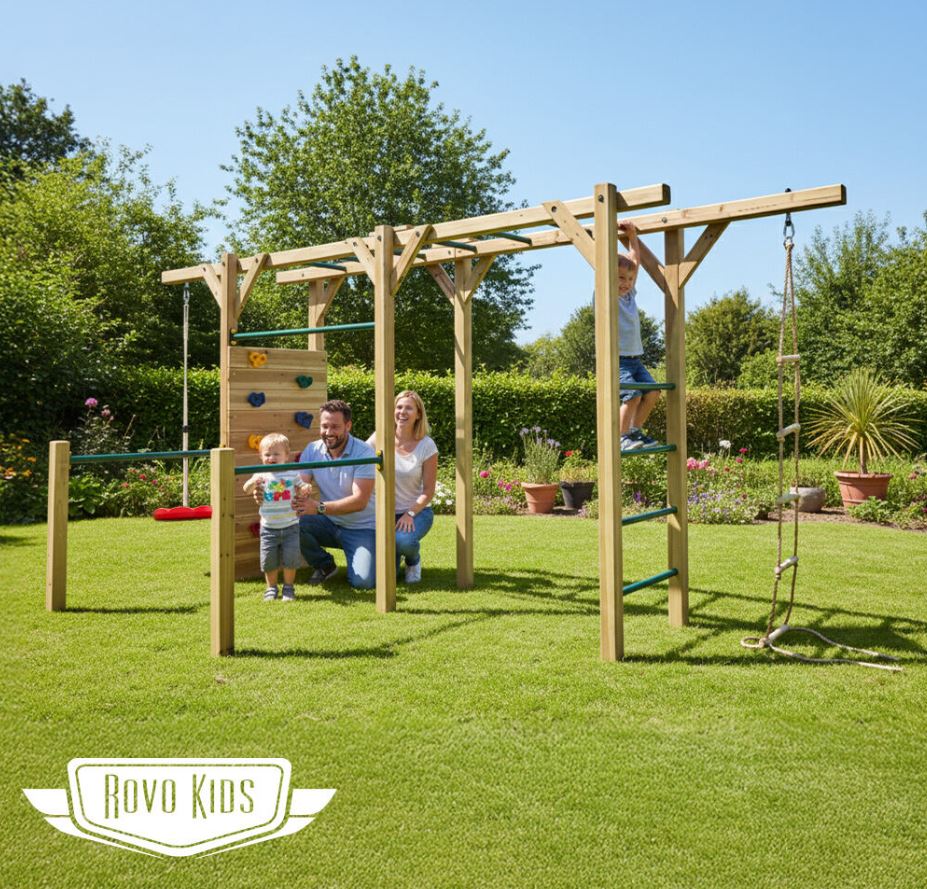ROVO KIDS Ultimate Outdoor Monkey Bars Playset Frame, with Climbing Wall, Disc Swing, Rope Ladder