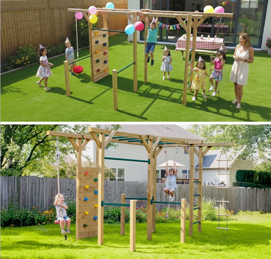ROVO KIDS Ultimate Outdoor Monkey Bars Playset Frame, with Climbing Wall, Disc Swing, Rope Ladder