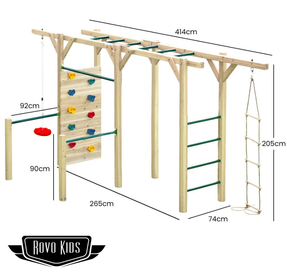 ROVO KIDS Ultimate Outdoor Monkey Bars Playset Frame, with Climbing Wall, Disc Swing, Rope Ladder