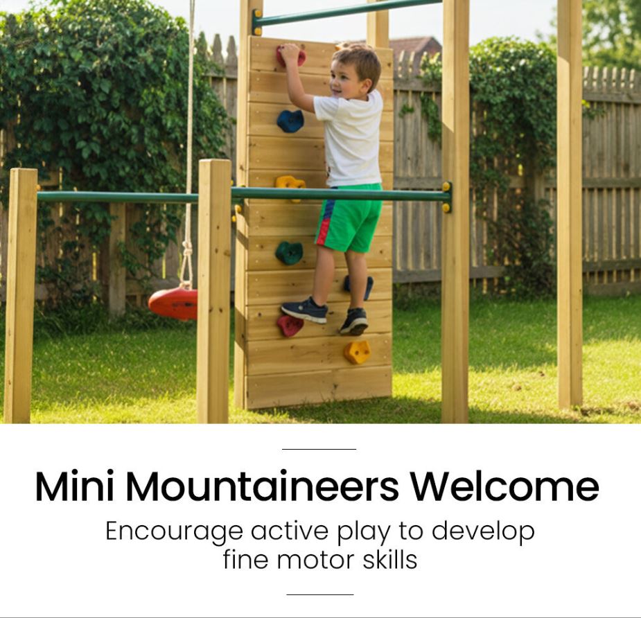 ROVO KIDS Ultimate Outdoor Monkey Bars Playset Frame, with Climbing Wall, Disc Swing, Rope Ladder