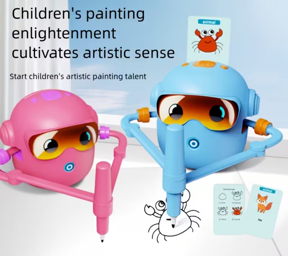 Blue smart Drawing & Learning Robot Toy with 100 Cards - Drawing & Vocabulary Educational Companion for Kids, Quick Card-Insert Recognition
