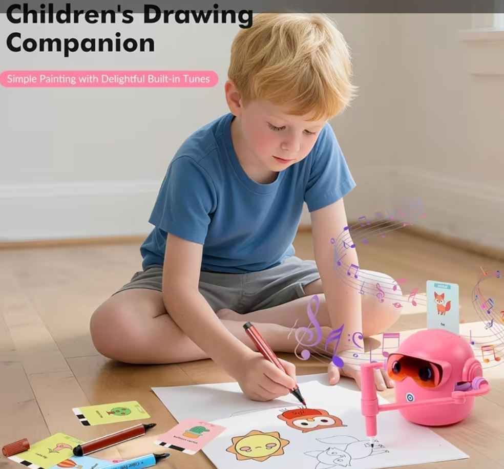 Pink smart Drawing & Learning Robot Toy with 100 Cards - Drawing & Vocabulary Educational Companion for Kids, Quick Card-Insert Recognition