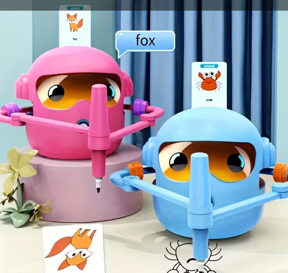 Blue smart Drawing & Learning Robot Toy with 100 Cards - Drawing & Vocabulary Educational Companion for Kids, Quick Card-Insert Recognition