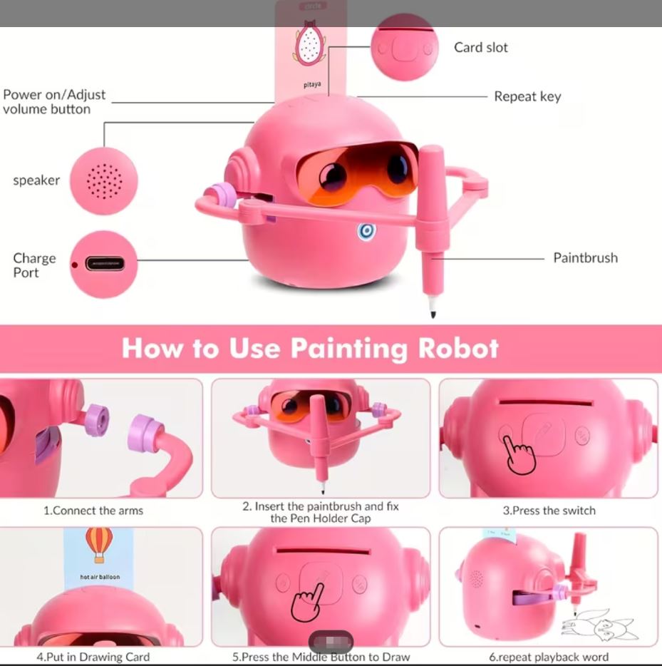 Pink smart Drawing & Learning Robot Toy with 100 Cards - Drawing & Vocabulary Educational Companion for Kids, Quick Card-Insert Recognition