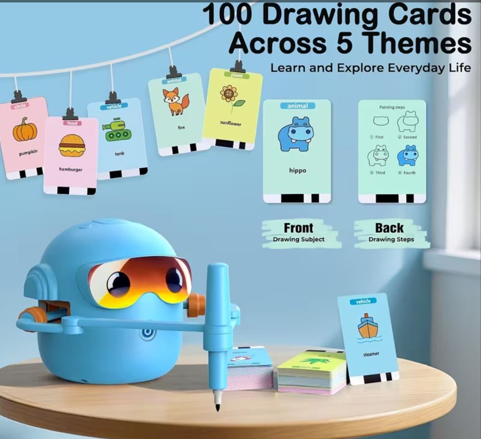 Blue smart Drawing & Learning Robot Toy with 100 Cards - Drawing & Vocabulary Educational Companion for Kids, Quick Card-Insert Recognition