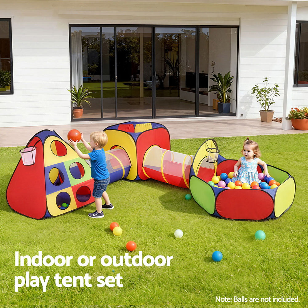 Keezi Kids Play Tent Pop Up Teepee Playhouse Ball Pit Crawl Tunnel Basketball Hoop