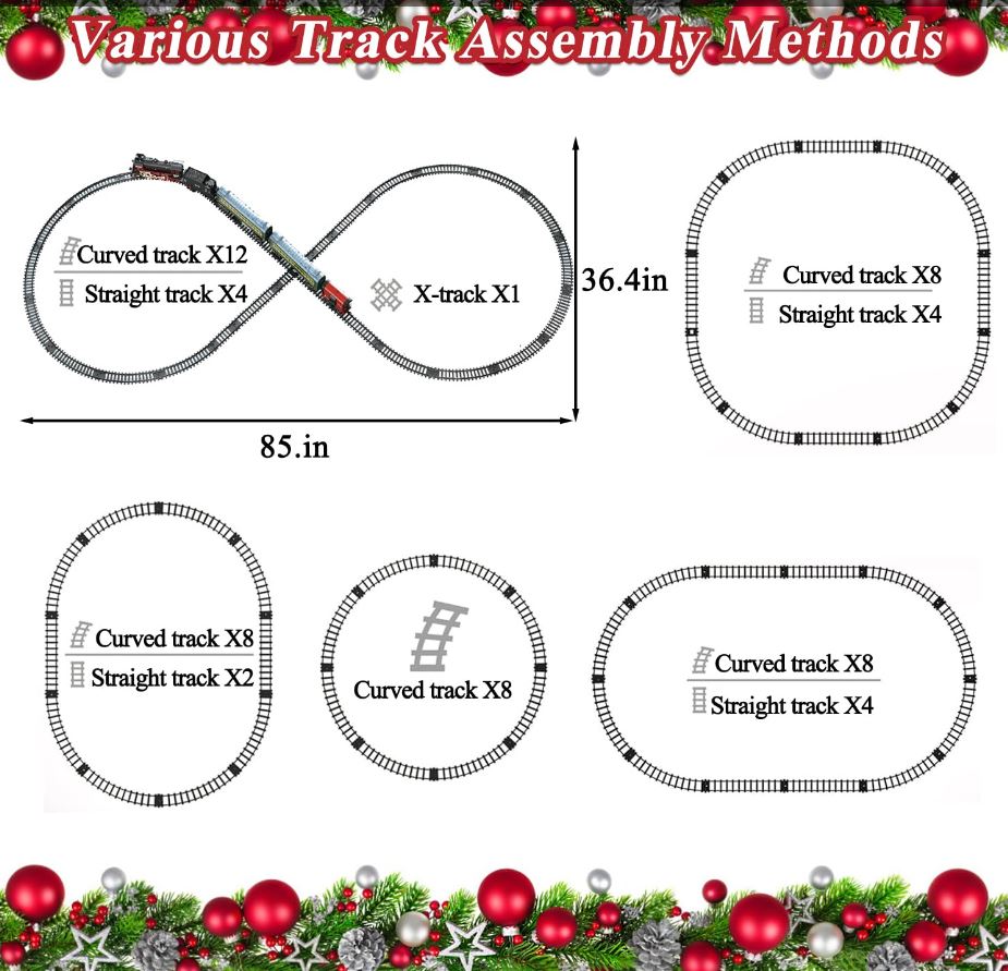 Train Set for Kids, Electric Train Toys with Realistic Light Sounds Smoke, Train Model Gifts for Toddlers Boys Girls, Steam Locomotive, Luxury Track & 2 Glowing Passenger Carriages (Black)