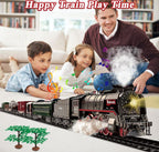 Train Set for Kids, Electric Train Toys with Realistic Light Sounds Smoke, Train Model Gifts for Toddlers Boys Girls, Steam Locomotive, Luxury Track & 2 Glowing Passenger Carriages (Black)