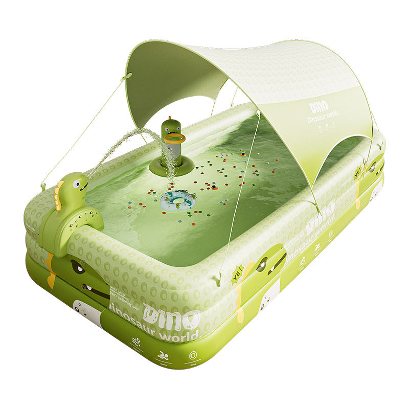 Inflatable Swimming Pool 260×160×56cm with Canopy & Dinosaur Spray – Kids Outdoor Water Play Set for Backyard, Garden, Summer Fun (Green) 