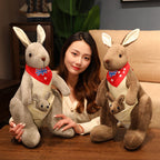 Kangaroo Stuffed Animal with Joey in Pouch & Australia Scarf - Soft Cuddly Plush Toy(32cm, light grey)
