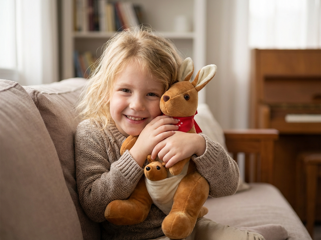 Kangaroo Stuffed Animal with Joey in Pouch & Australia Scarf - Soft Cuddly Plush Toy(32cm,light brown
)| Other Colors Available in Store