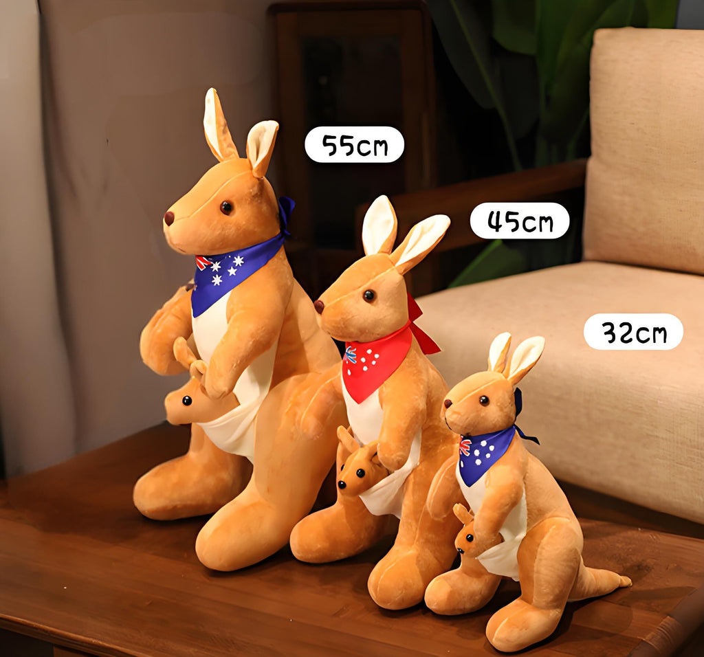 Kangaroo Stuffed Animal with Joey in Pouch & Australia Scarf - Soft Cuddly Plush Toy(32cm,light brown
)| Other Colors Available in Store
