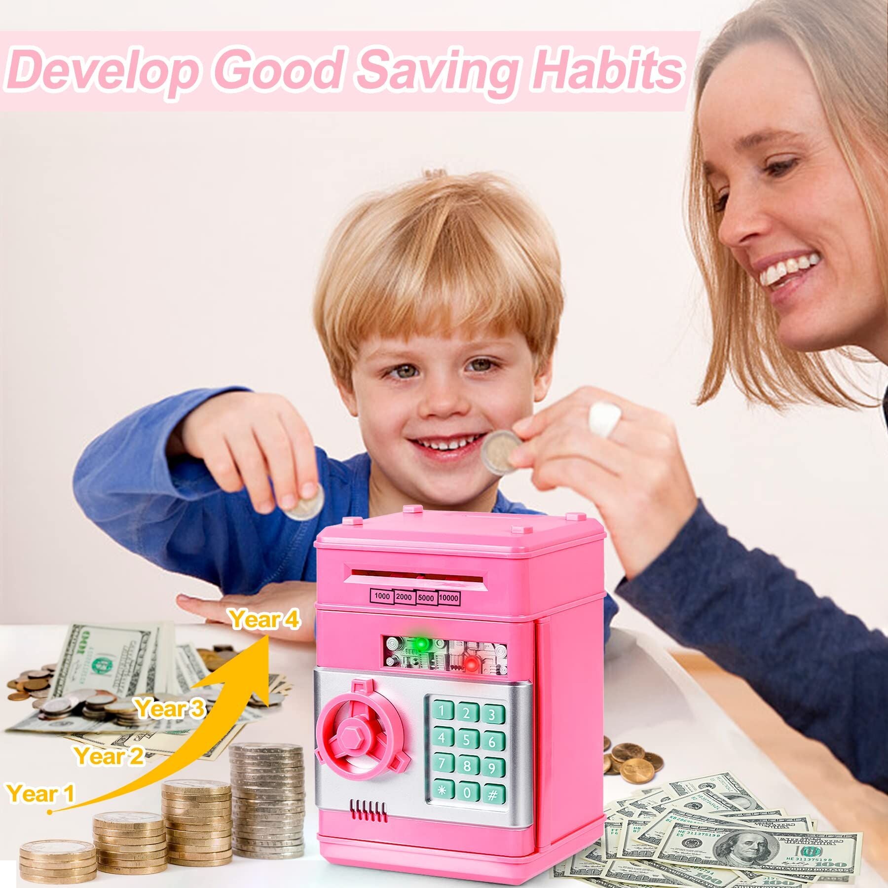 Smart ATM Piggy Bank with Password Lock & Coin Slot – Educational Money Box for Kids, Saves Coins & Bills (Pink) | Other Colors Available In-Store
