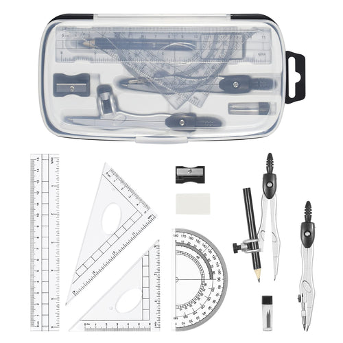 10-Piece Geometry & Drafting Kit with Compasses, Rulers & Protractor – Black
