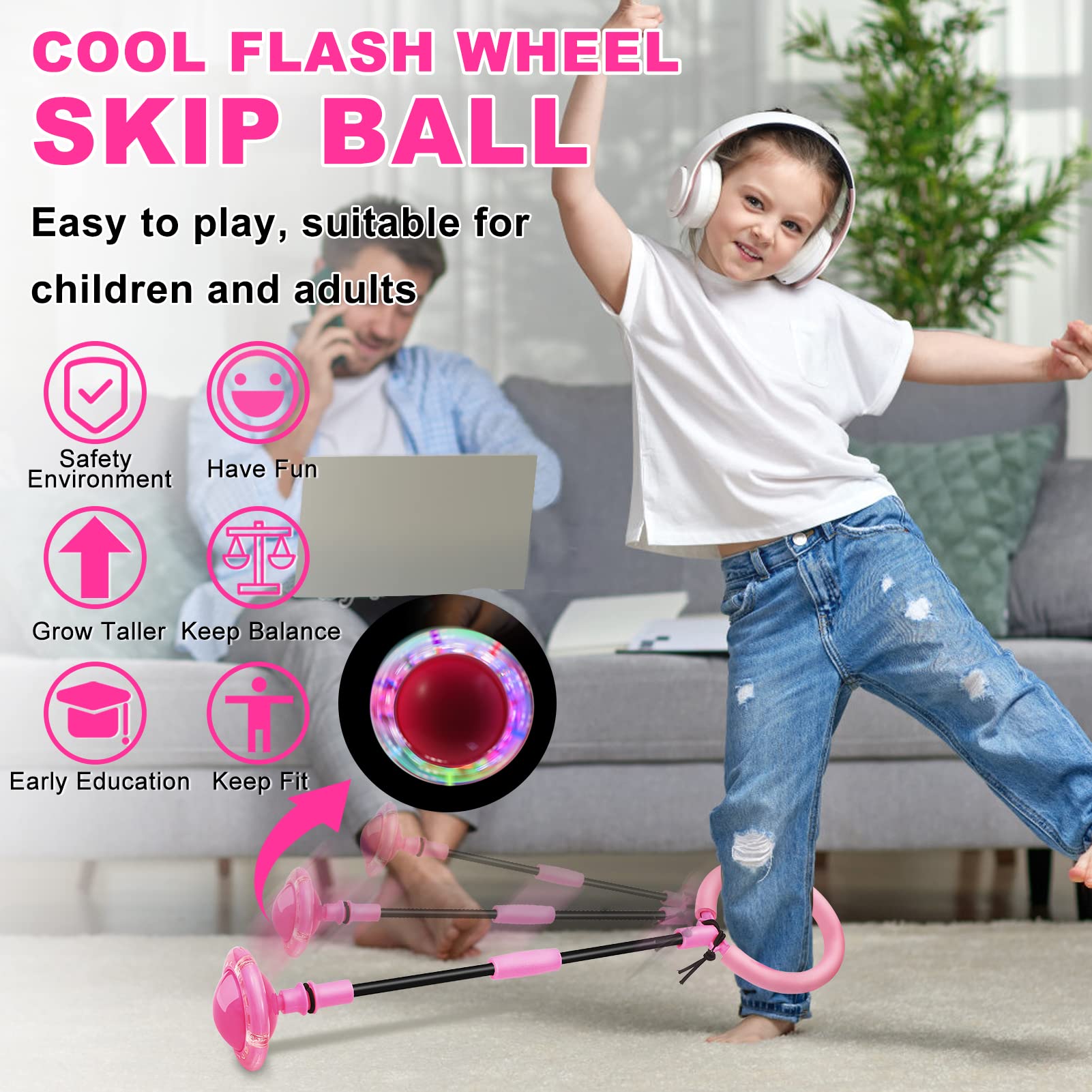 Skip Ball for Kids, Portable Foldable Colorful Flash Wheel Swing Ball Sports Fitness Toys for Girls & Boys, Toy for Kids & Adults. Gifts for Mom Women & Girls Toys Age 5-10 Years (Pink)