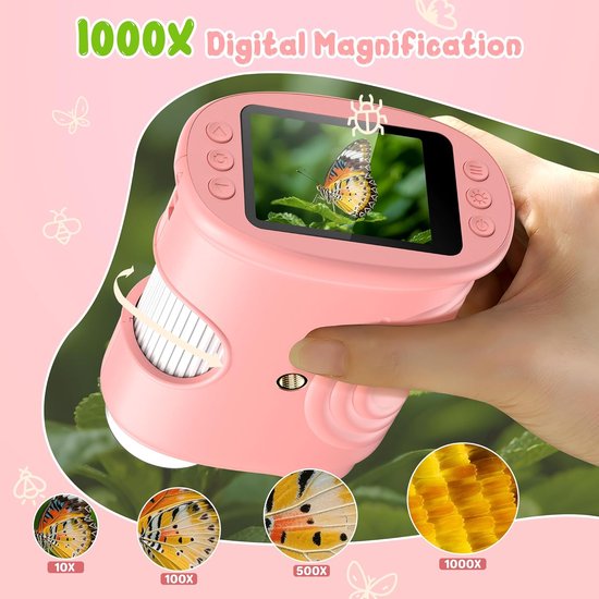1000x Digital Children's Microscope - With 2 Inch IPS Screen & 8 LED Lights - Handy & Easy to Use for Nature Research - Pink