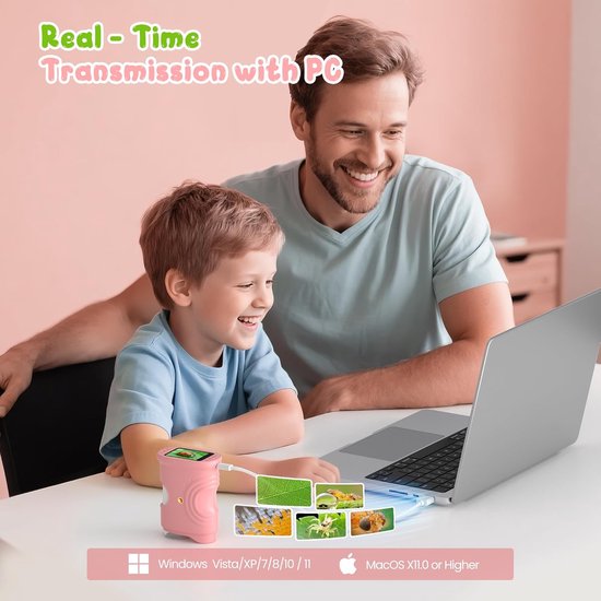 1000x Digital Children's Microscope - With 2 Inch IPS Screen & 8 LED Lights - Handy & Easy to Use for Nature Research - Pink