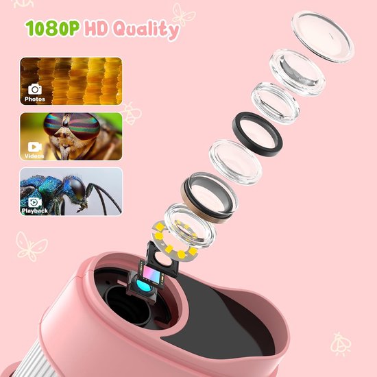 1000x Digital Children's Microscope - With 2 Inch IPS Screen & 8 LED Lights - Handy & Easy to Use for Nature Research - Pink
