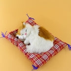 Tarmeek Simulation Sleeping Cat Plush Toy with Cloth Mat + Meow Function. White with Ginger Patches.