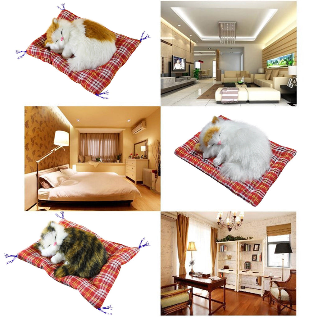 Tarmeek Simulation Sleeping Cat Dolls Toys,Simulation Cat Plush Animals Toy Will Call With Cloth Mat Sleeping Cat Doll Plush Toy for Room Decor,Birthday Gifts for Kids F