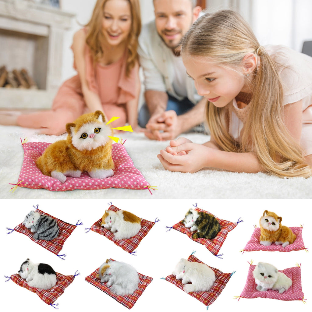 Tarmeek Simulation Sleeping Cat Dolls Toys,Simulation Cat Plush Animals Toy Will Call With Cloth Mat Sleeping Cat Doll Plush Toy for Room Decor,Birthday Gifts for Kids F